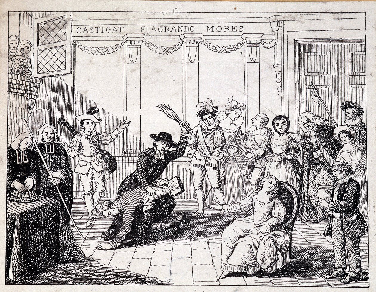 Beaumarchais Whipping in Saint Lazare - Scene of Fustigation by Beaumarchais, Holding in Hand the Brochure of the Folle Journee - from ap. Painting of the Comedie Francaise by French School