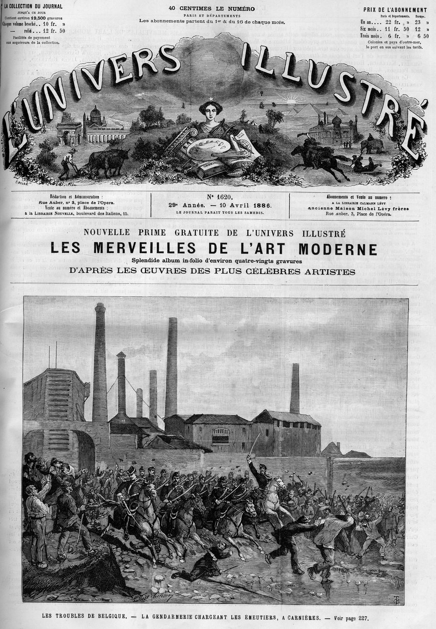 Belgian workers strike: the police loading the riders in Carnieres. A newspaper. Engraving in 
