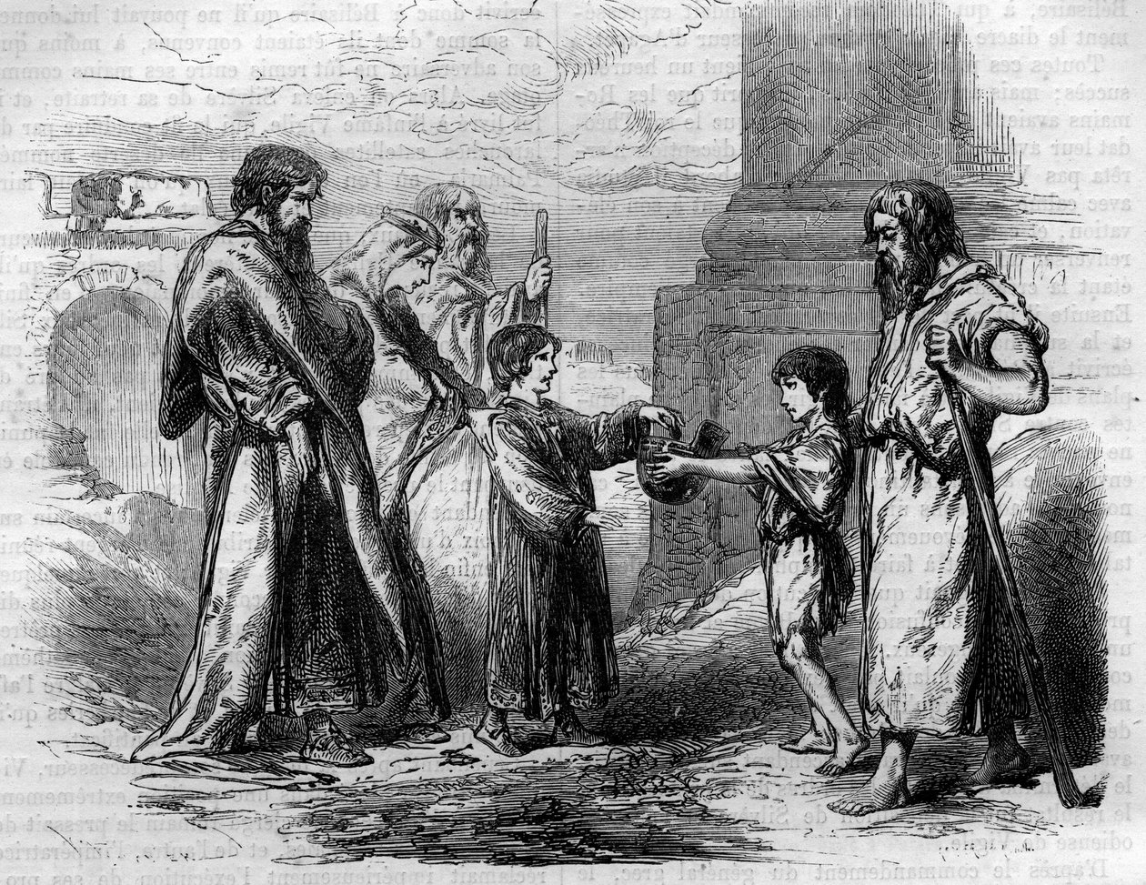 Belisarius (c.500-565) blind and begging by the order of Justinian, to whom he had given gold and the land of the sale. Engraving in "Histoire des Papes-Rois-Queen and Empereurs a travers les centuries" by Maurice Lachatre by French School