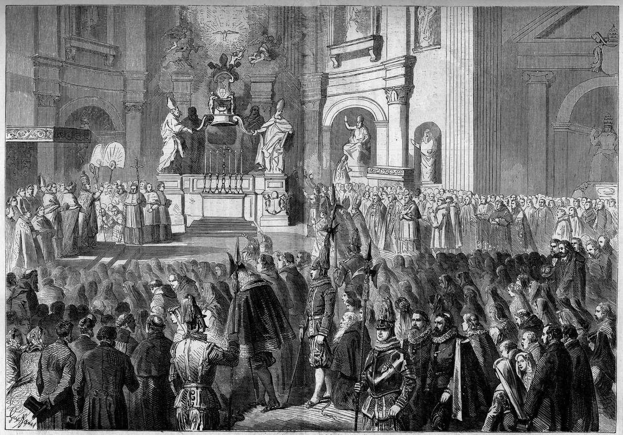 Benediction by Pope Pius IX of the altar of the pulpit of the Church of St. Peter in Rome, after restoration. Altar built between 1656 and 1658 by Gianlorenzo Bernini. by French School
