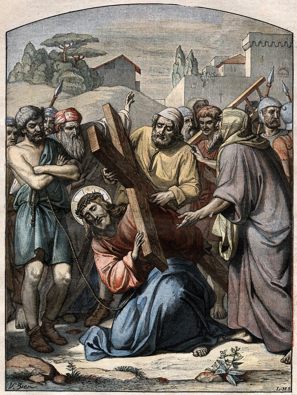 Bible Scene - Way of the Cross: Jesus helps by Simon of Cyrene (the Cyrenean). Engraving in Le Pelerin of 13 September 1896 by French School