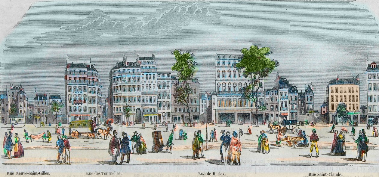 Boulevard Beaumarchais south side - Rue Neuve-Saint-Gilles - Rue des Tournelles - Rue de Harlay - Rue Saint-Claude - Engraving in 