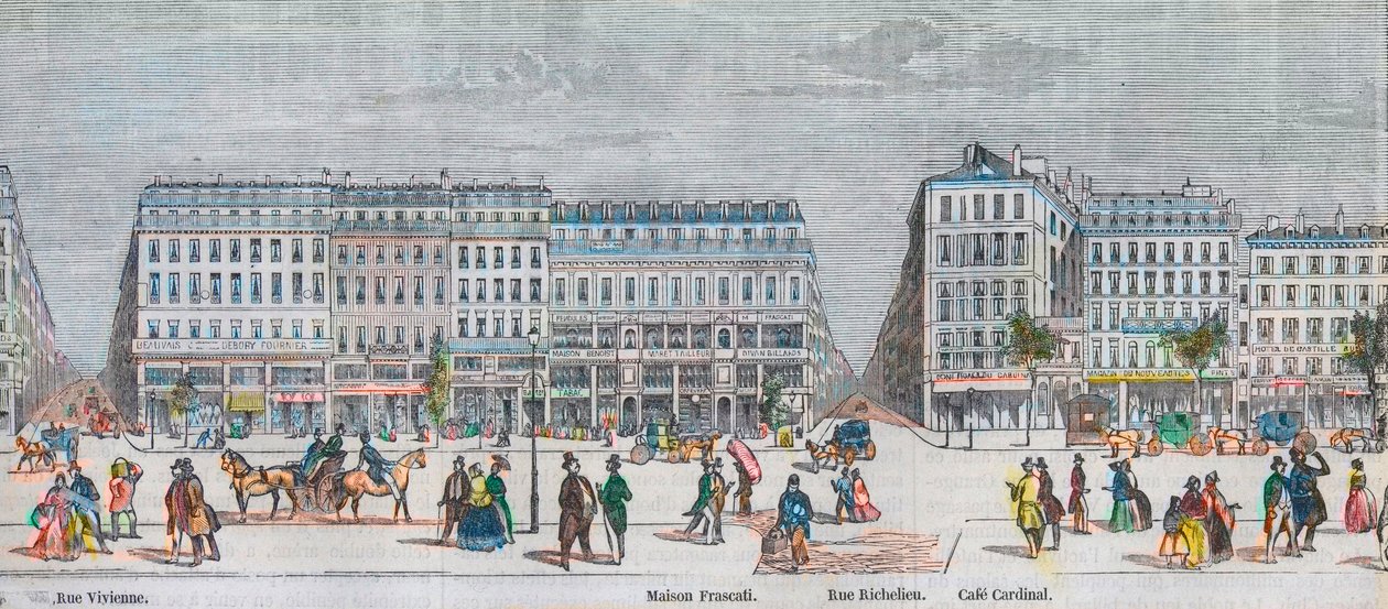 Boulevard Montmartre south side and Boulevard des Italians south side - Rue Vivienne - Maison Frascati - Rue Richelieu - Cafe Cardinal - Engraving in 