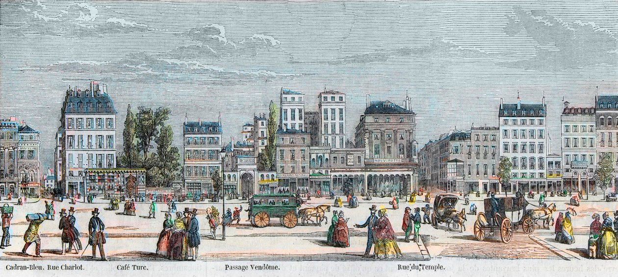 Boulevard du Temple south side - Rue Charlot - Cafe Turk - Passage Vendome - Rue du Temple - Engraving in “Tableau-de-Paris” by Edmond Texier 1852 by French School