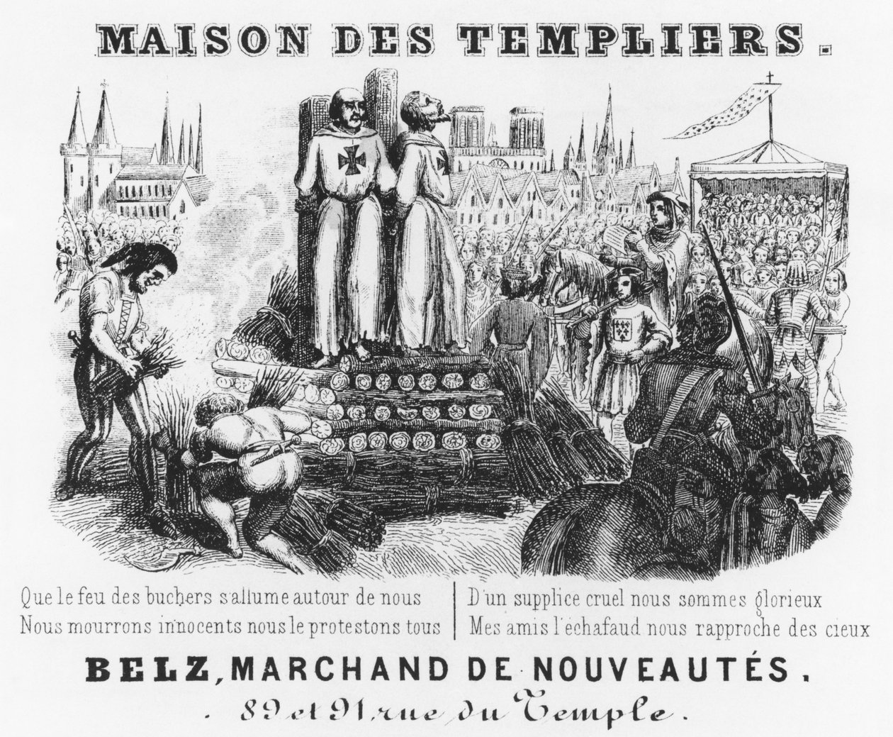 Burning of the Templars, bill heading of a drapers shop, Maison des Templiers, Belz, rue du Temple, Paris by French School