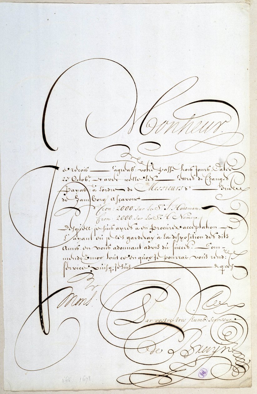 Calligraphy: Letter of Accounts Calligraphed Around 1678 by Francois de Bruyn by French School