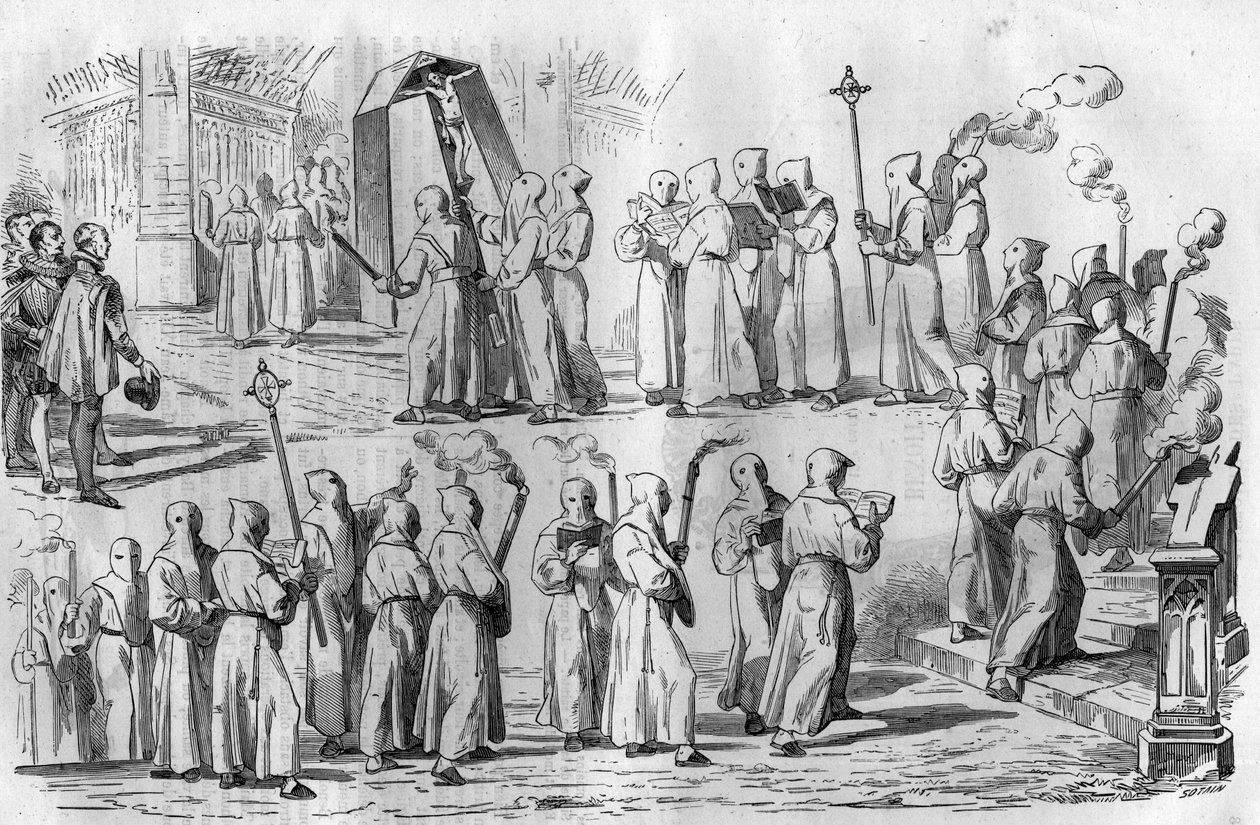 Catholic fun and superstitions. Procession of Penitents during the attack of Rome by Emperor Othon I the Great (912-973). Engraving in 