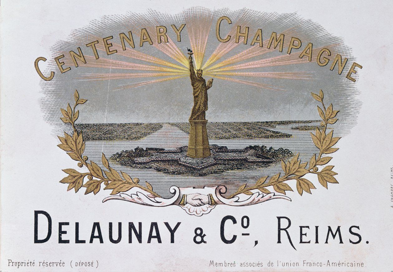 Champagne label from the house of Delaunay & Co. celebrating the centenary of American Independence and depicting the Statue of Liberty by French School