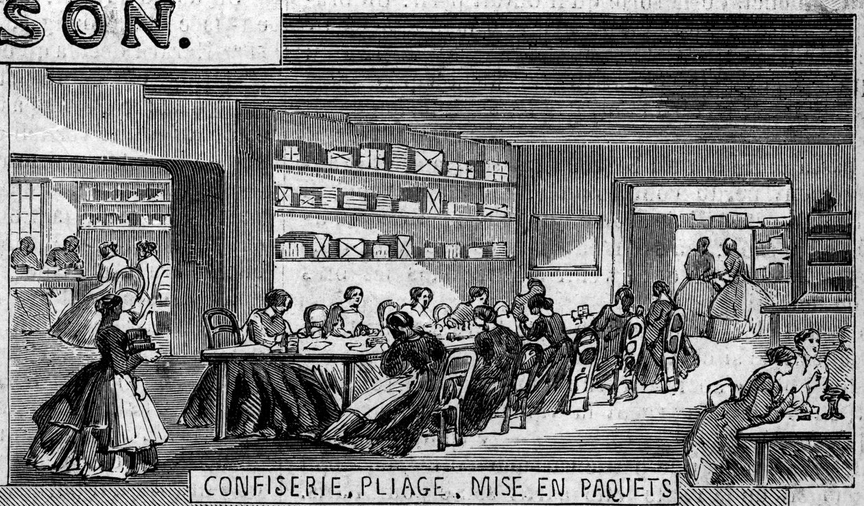 Chocolate manufacturing: confection of chocolate candy, folding workshop and packaging. Usine de M. Masson, Paris by French School