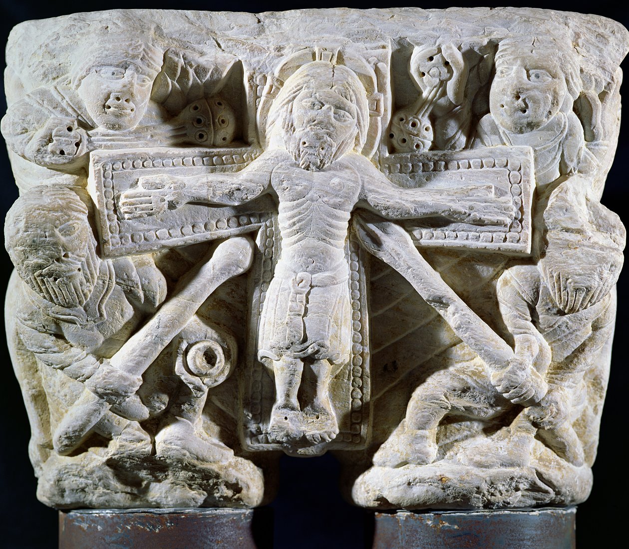 Christ on the Cross, relief on a capital of twin columns by French School