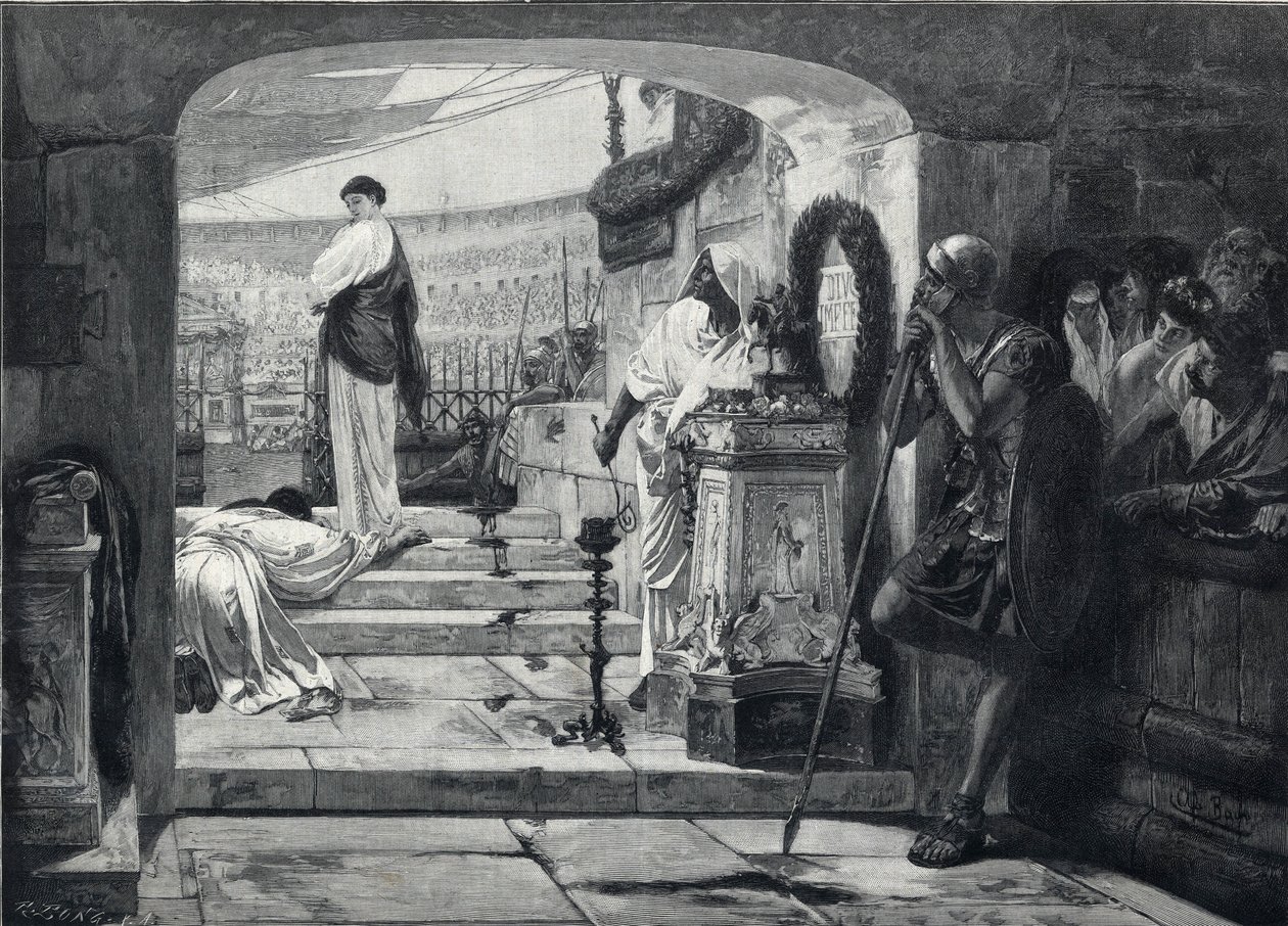 Christian martyr entering the arena to be delivered to the beasts. Engraving after the painting by Albret Baur by French School