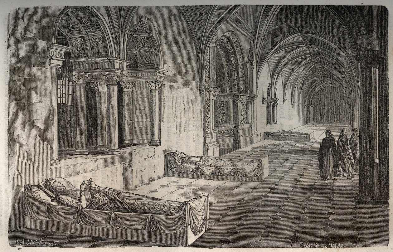 Cloitre de Fontevrault with statues of Henri II - Eleonore de Guyenne - engraving in 