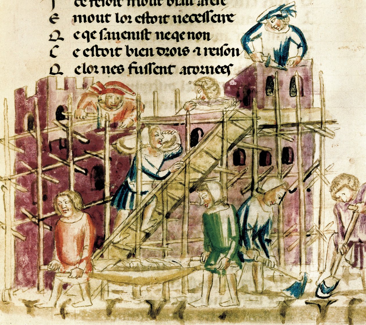 Construction of a fortress, Miniature of a 14th century manuscript ...
