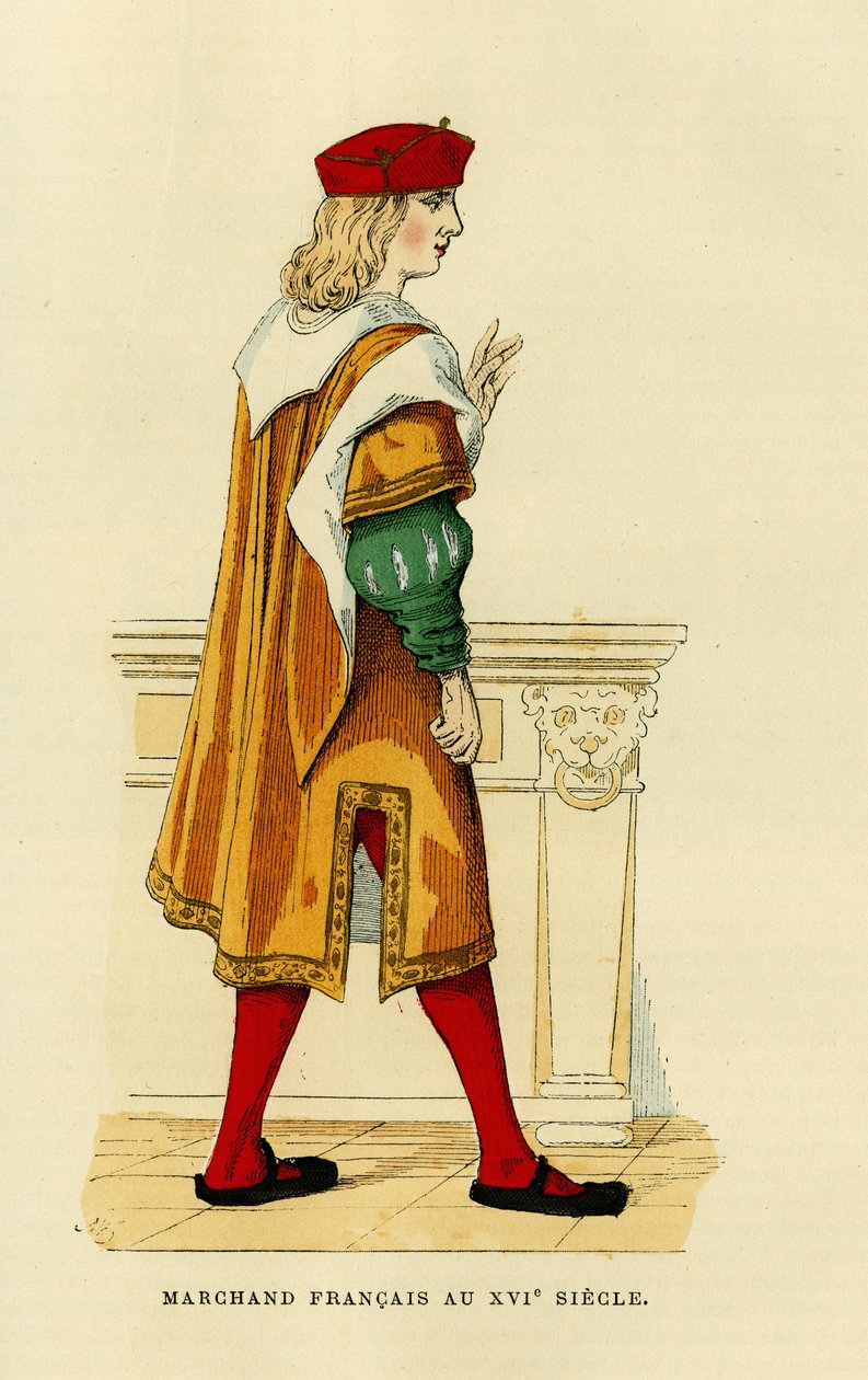 Costume of a French merchant in the 17th century. Engraving in colours ...