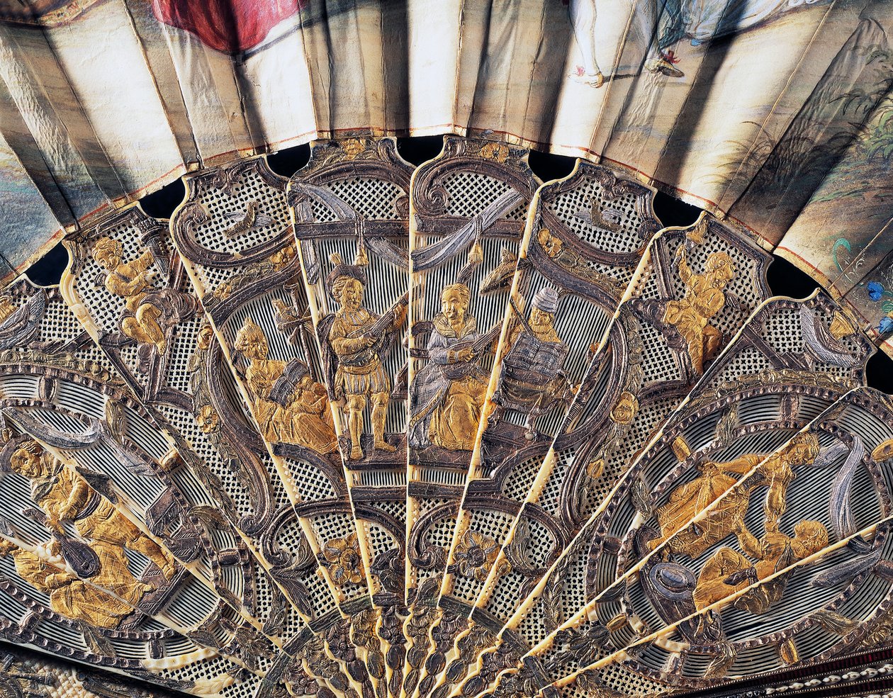 Court Hand Fan Depicting Love and Theatre, Covered Paper with Ivory Guard Stick Decorated with Enamels and Gilded and Silver Metals by French School