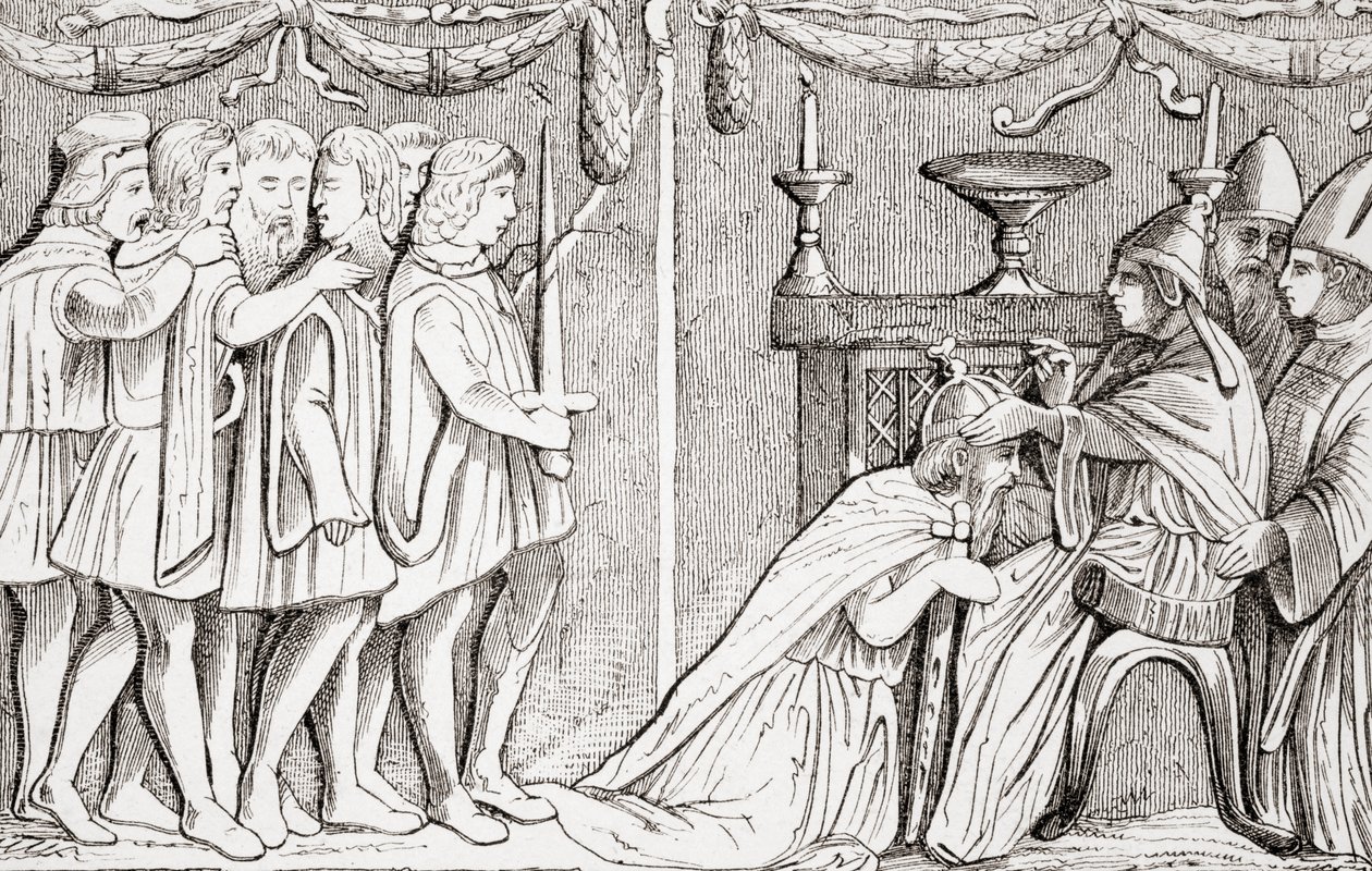 Crowning of Sigismund as Holy Roman Emperor by Pope Eugene IV in 1433, from "Universal History Ancient and Modern", published in Strasbourg c.1860 by French School