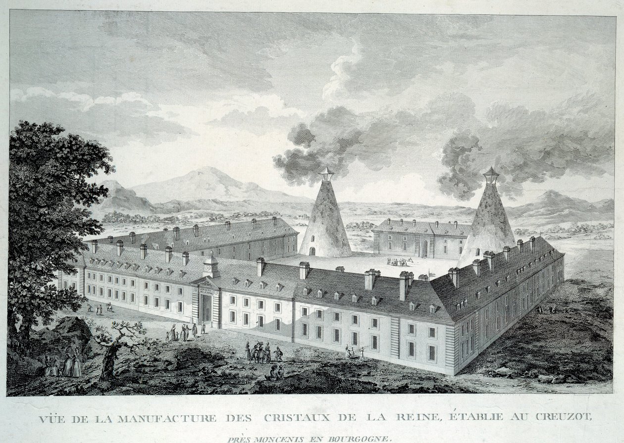 Crystal works of Queen Marie Antoinette at Creusot near Moncenis in Burgundy. Engraving from 1787 by French School