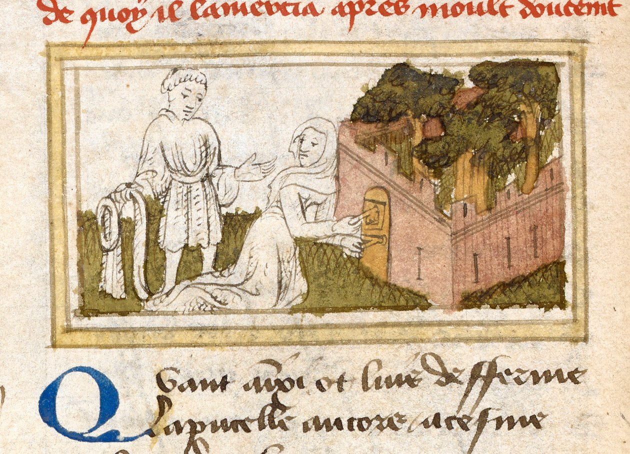 Dame Oiseuse admitting the Lover through the doors in the Garden of Pleasures, from 