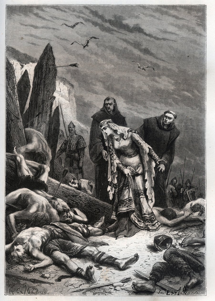 Death of King Harold II at the Battle of Hastings in 1066 - Edith Swannesha discovers the body of her husband by French School