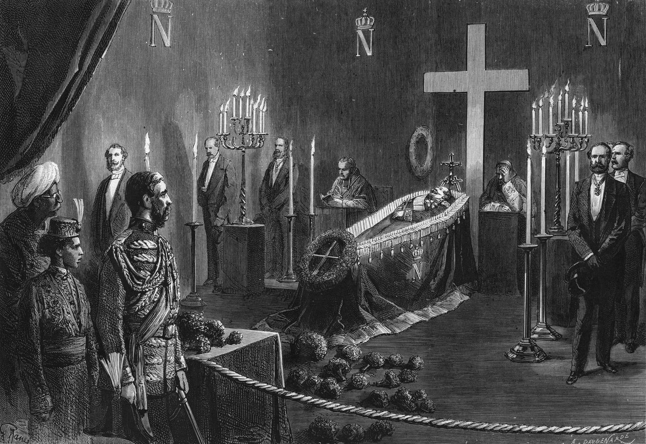 Death of Napoleon III: the remains of Napoleon III in the burning chapel of Camden House on 14 February 1873. by French School