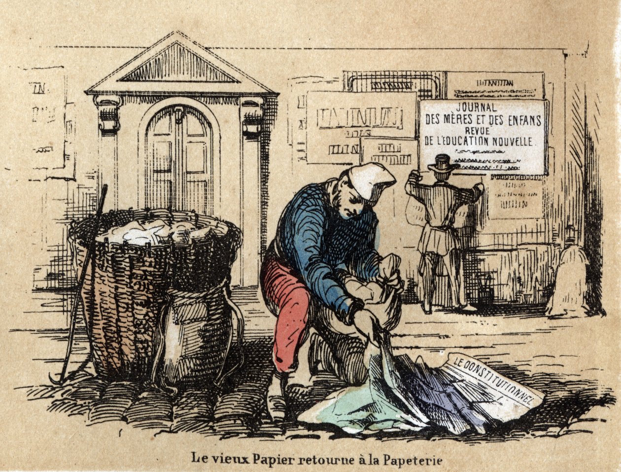 Description of the different products and uses of paper: old paper is picked up to become rag again. Plate 
