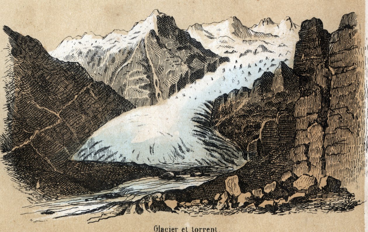 Description of the different types of landscapes and reliefs depending on the geography: detail depicting a glacier (or sea of ice) in a mountain range. Plate 
