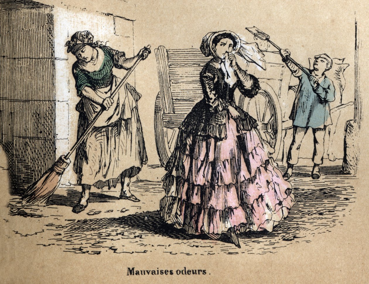 Description of the five senses: smell, a bourgeois clogging her nostrils so as not to smell the bad smells of manure and dung. Plate 