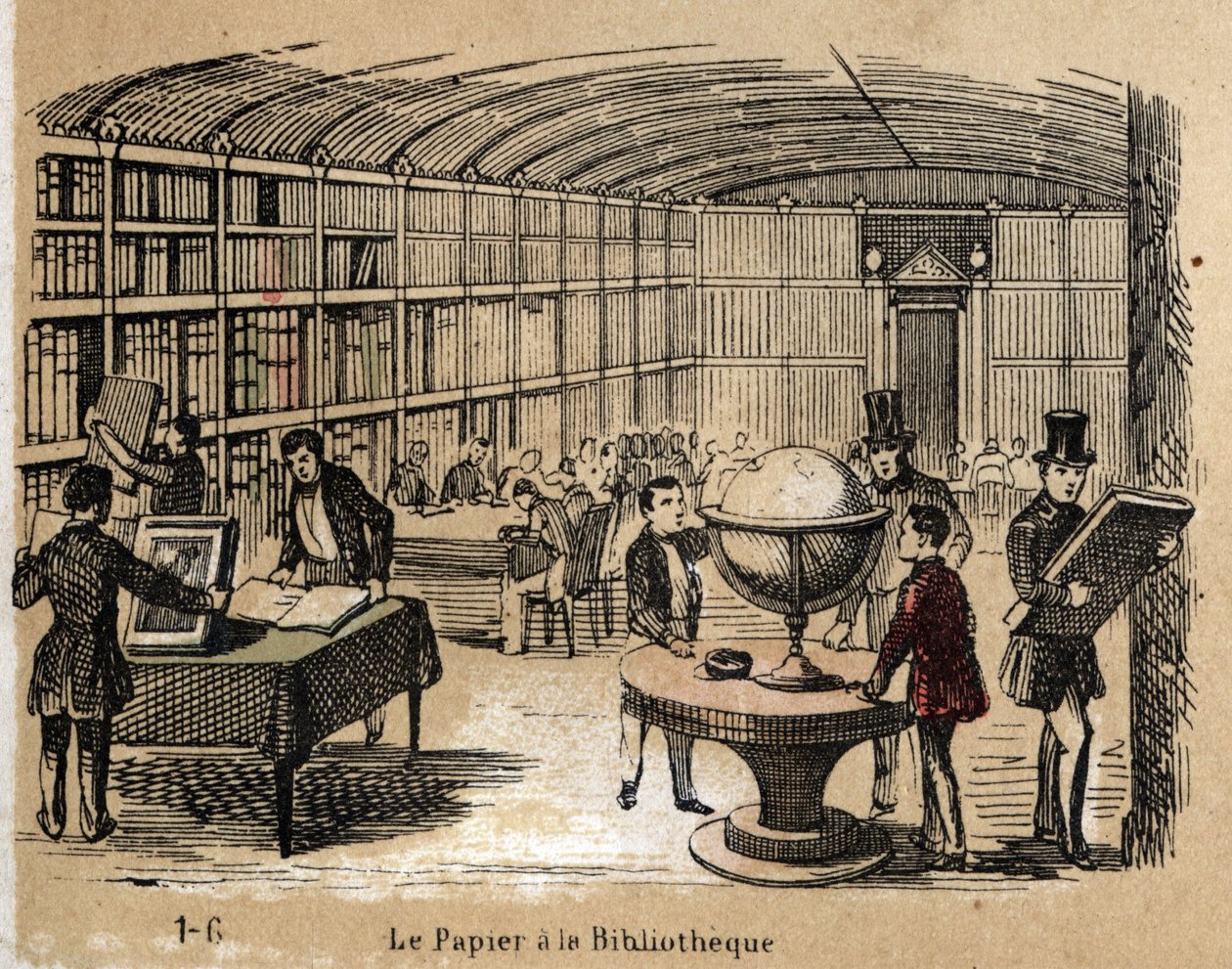 Description of the various products and uses of paper: view of a library containing paper works. Plate 