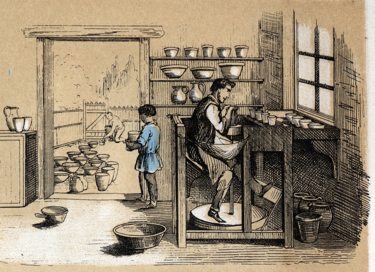 Description of the various stages of manufacture and uses of clay: a potter working in turn. Plate 