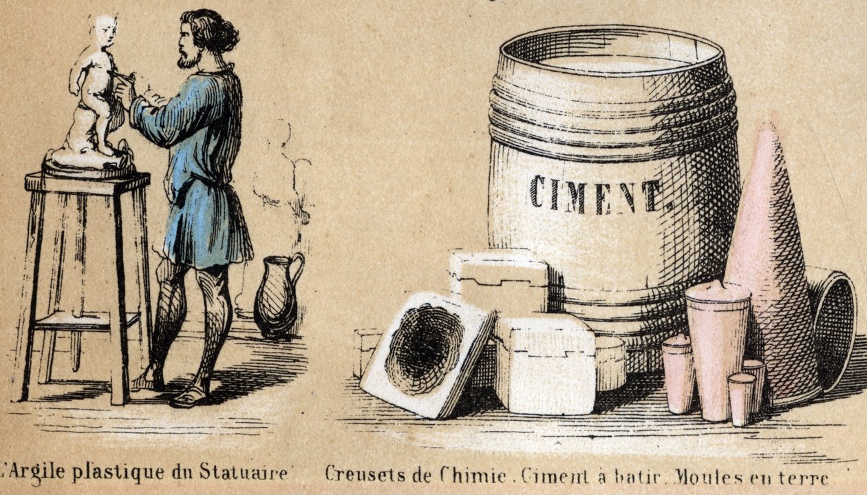 Beschreibung der verschiedenen Herstellungsstufen und Verwendungen von Ton: Ein Bildhauer formt Ton und verwendet ihn für Zement und Erdmuster. (The clay and its products) von French School