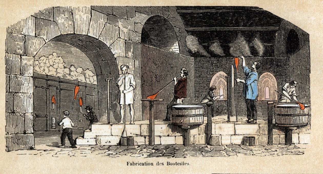 Beschreibung der verschiedenen Herstellungsschritte und Verwendungen von Glas: die Herstellung von Flaschen in einer Glasbläserwerkstatt. Tafel „Das Glas und seine Produkte“ in „Les Recreations instructives“. Synoptisches Gemälde von Jules Delbruck, Gravur von French School