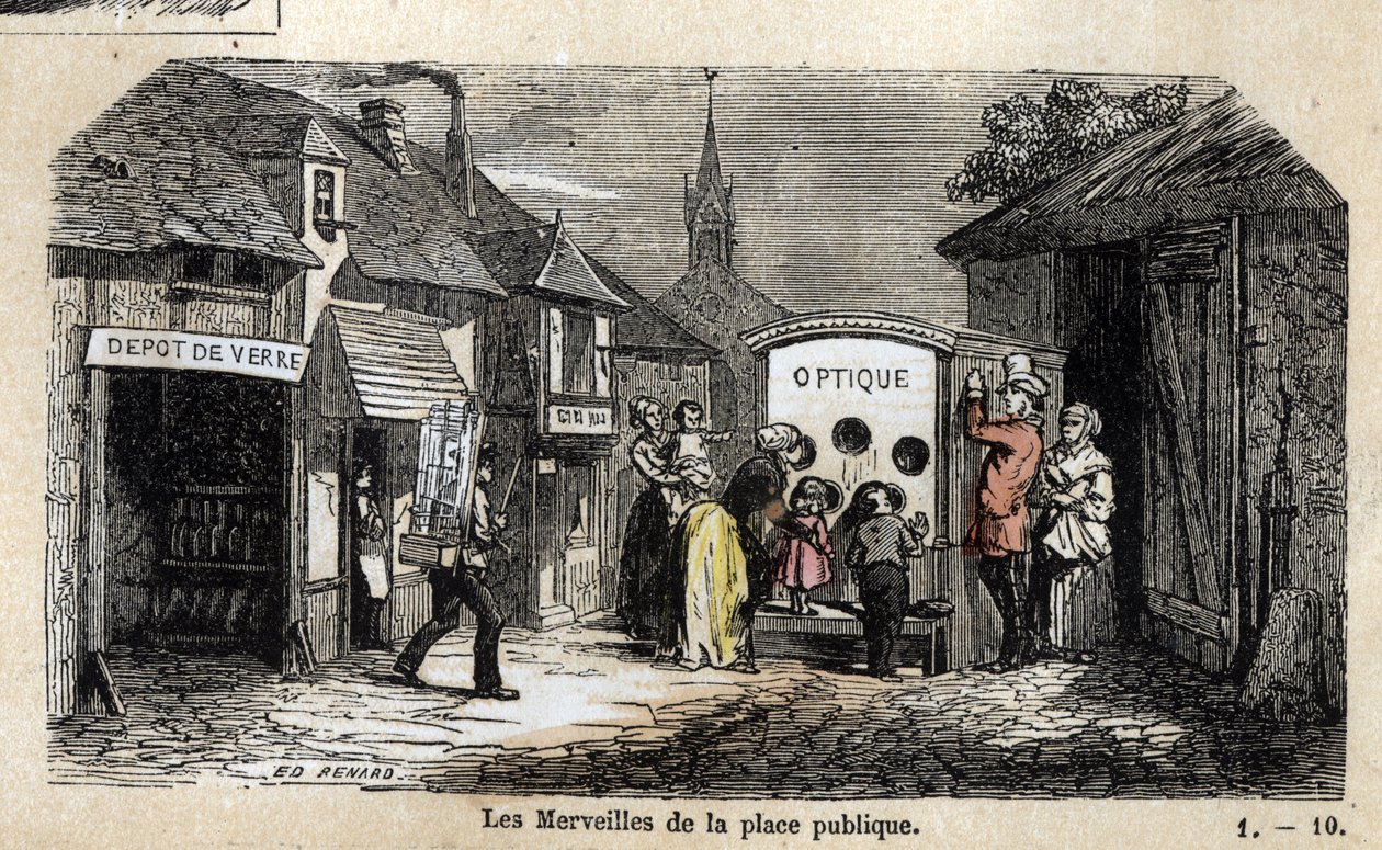 Description of the various stages of manufacture and uses of glass: the wonders of the public square, an illusionist inviting children to discover the magic of optical effects. Plate 
