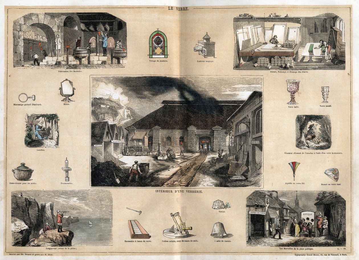 Description of the various stages of manufacture and uses of glass: view of the interior of a glass factory, manufacture of bottles in a glass blower workshop, gilding, polishing and stamping of ice, and various objects (microscope, mirror, glasses, thermo by French School