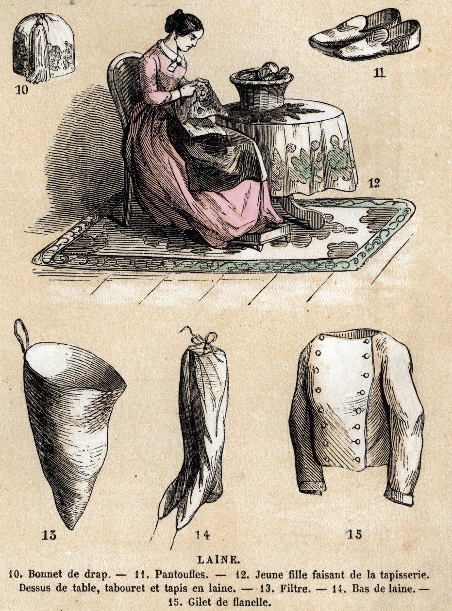 Description of the various uses and products of sheep: tapestry and wool products, hat, slippers, wool stockings, flannel vest. Plate 