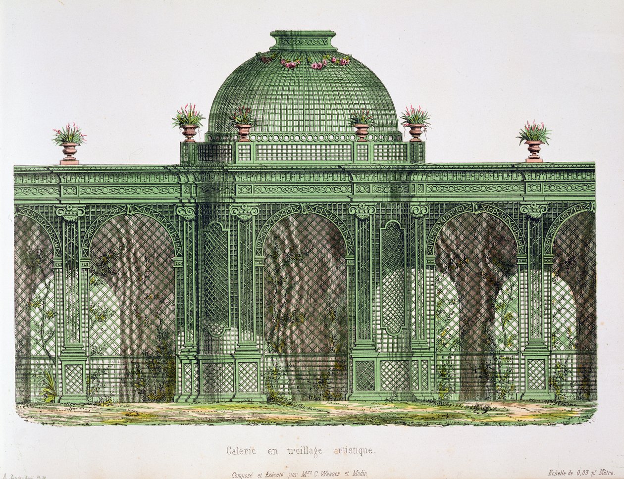 Design for an arcaded trelliswork gallery with a central dome, published for the Bureau de Moniteur des Menusiers, Paris by French School