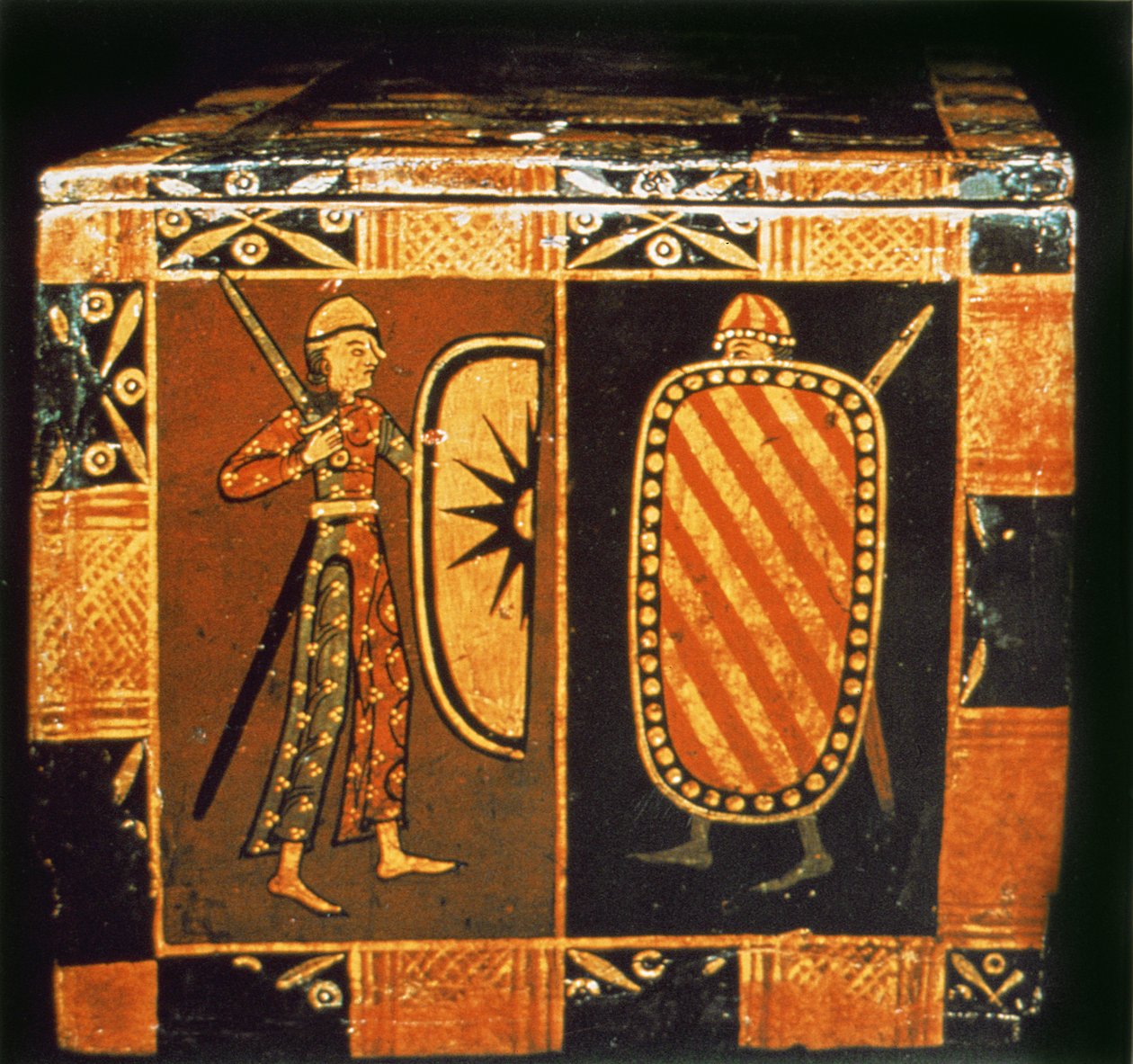 Detail from a wedding chest depicting soldiers dressed for battle by French School