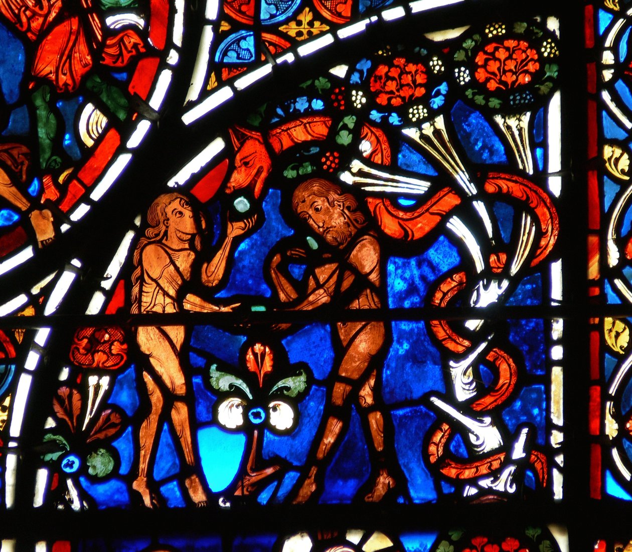 Detail from a Window Depicting the Parable of the Good Samaritan: Adam and Eve Being Tempted by the Serpent by French School