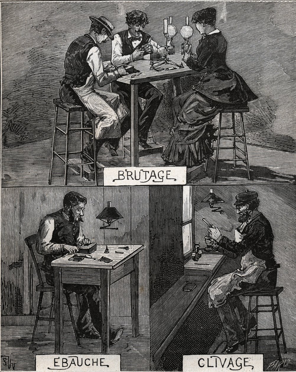 Diamond cutting, sound, rough and cleavage. Engraving from 1885 in 