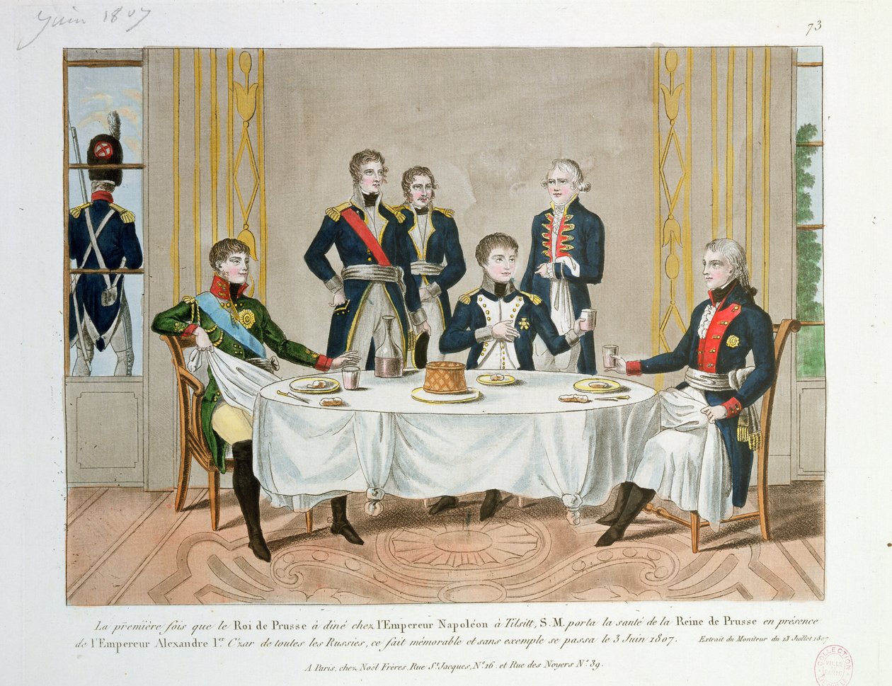 Dinner in Tilsit between Frederick William III of Prussia, Tsar Alexander I of Russia and Napoleon, who raises a toast to the Queen of Prussia, 3rd June 1807 by French School