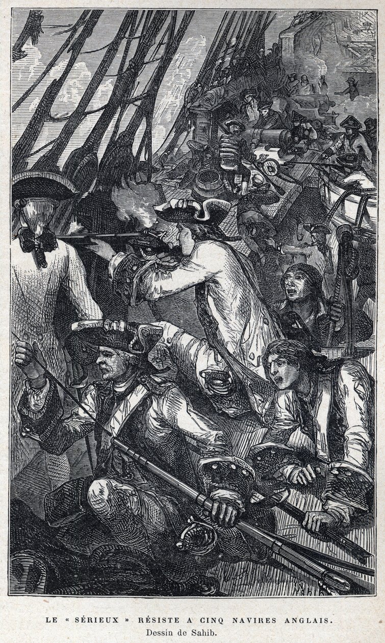 Discovery of Canada: Jacques Pierre de Taffanel de la Jonquiere, French naval officer at the head of the French ship Le Serieux resisted five English ships. Drawing by Sahib. In La Nouvelle France by Eugene Guenin. by French School