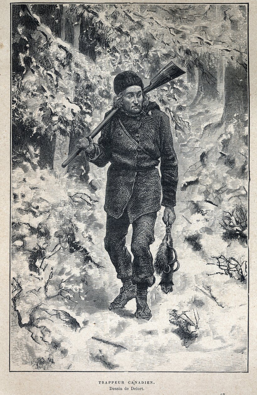 Discovery of Canada: portrait of a Canadian trapper in the forest. Engraving from the end of the 19th century in 
