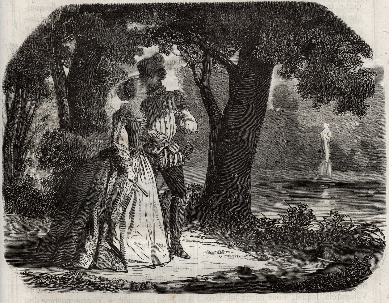 Don Juan discussed with Anne of Austria (1549-1580) his possible union with Prince Don Carlos (1545-1568), son of King Philip II of Spain (1527-1598). Engraving from 1871 in 