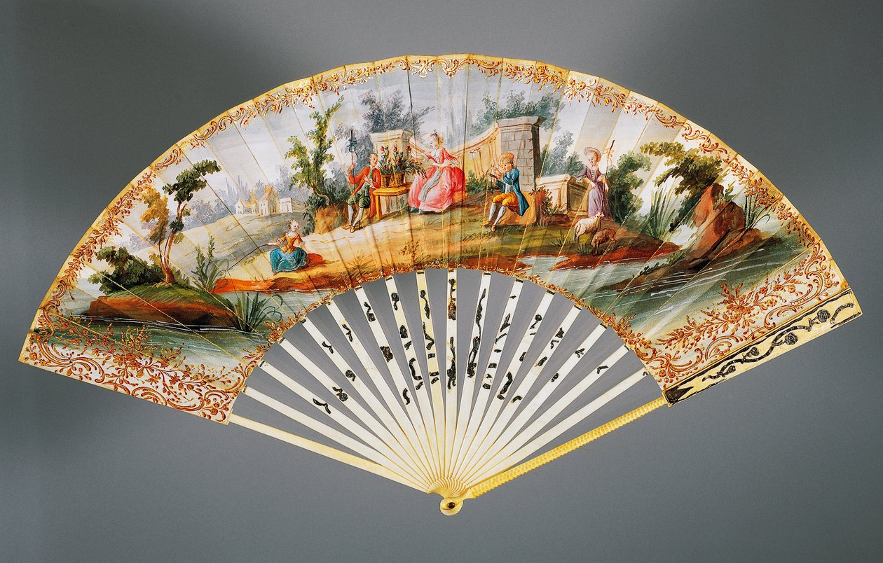 Double Leaf Hand Fan Painted with Pastoral Scene by French School