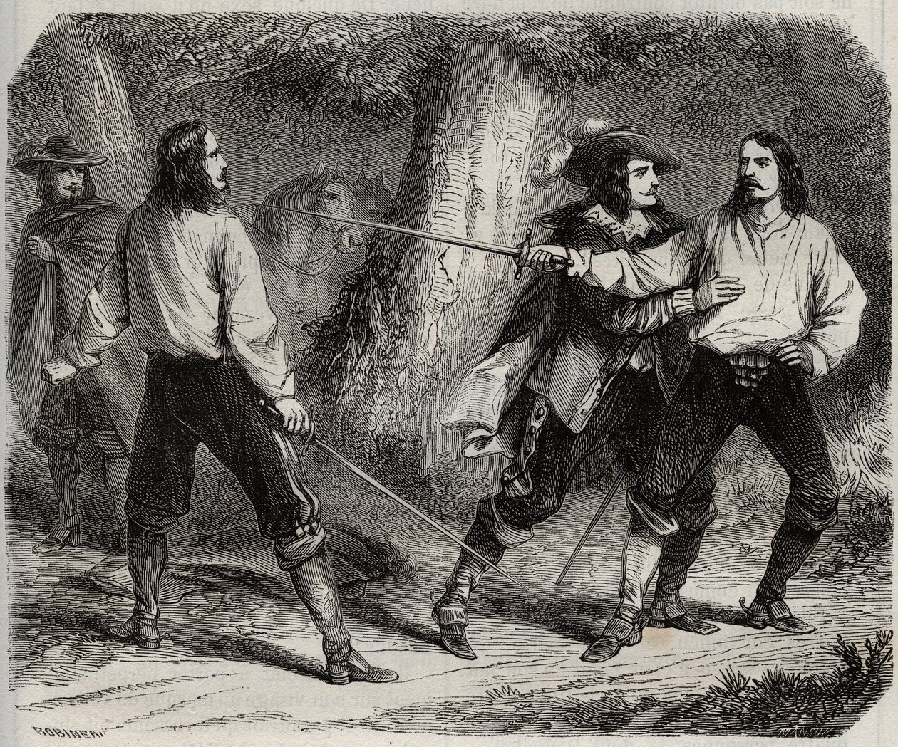 Duel with swords between the Viscount of Cahuzac and the Marquis of Gesvres, whose queen of France Anne of Austria is in love, in the woods of Vincennes. 17th century. Engraving from 1871 in 