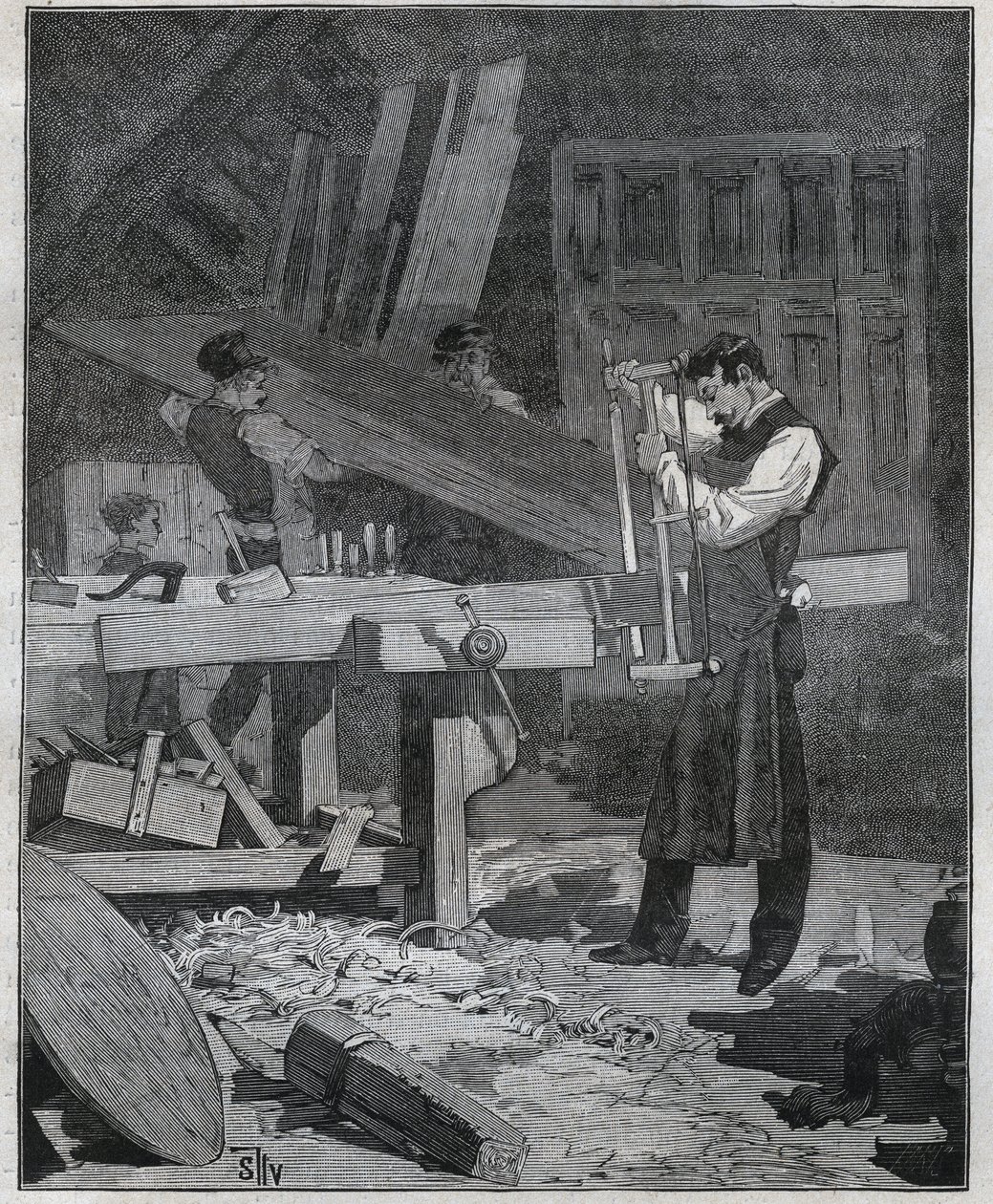 Ebenisterie: ebenist worker splitting a board at the established. Engraving from 1885 in 