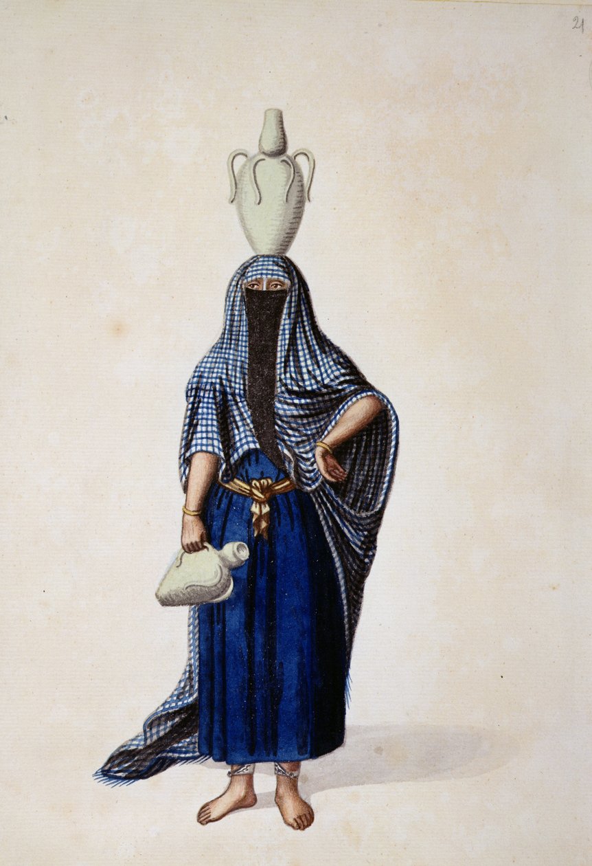 Egyptian Woman Carrying an Ibrik Water Pot, probably by Cousinery, Ottoman period, third quarter of 18th century by French School