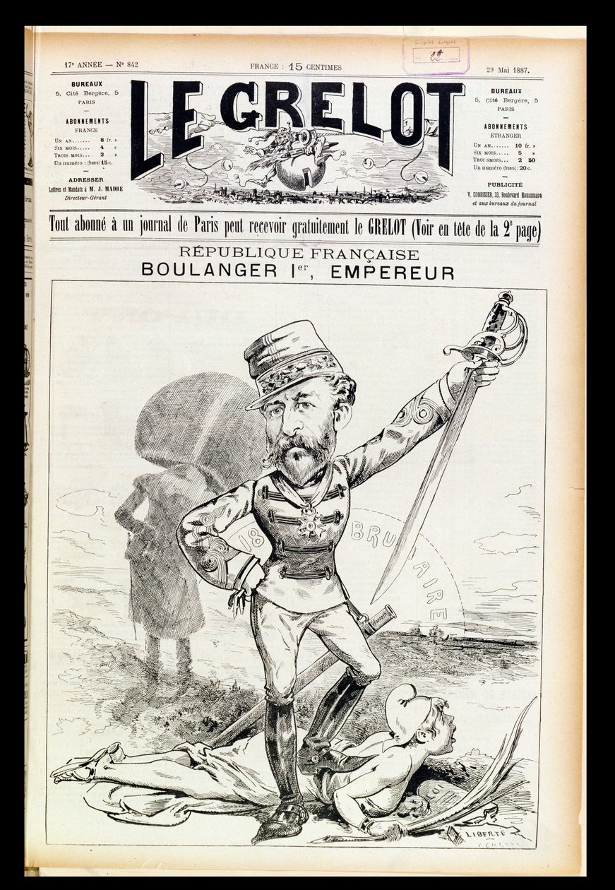 Emperor Boulanger the First, Caricature from the Front Cover of Le Grelot by French School