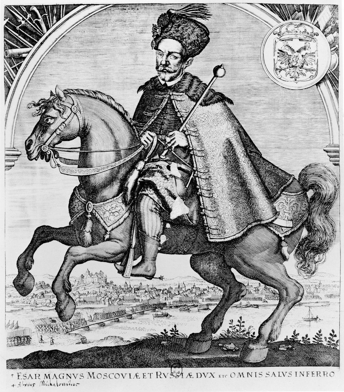 Equestrian portrait of Aleksey Mikhailovich, Tsar of Russia (engraving) by French School