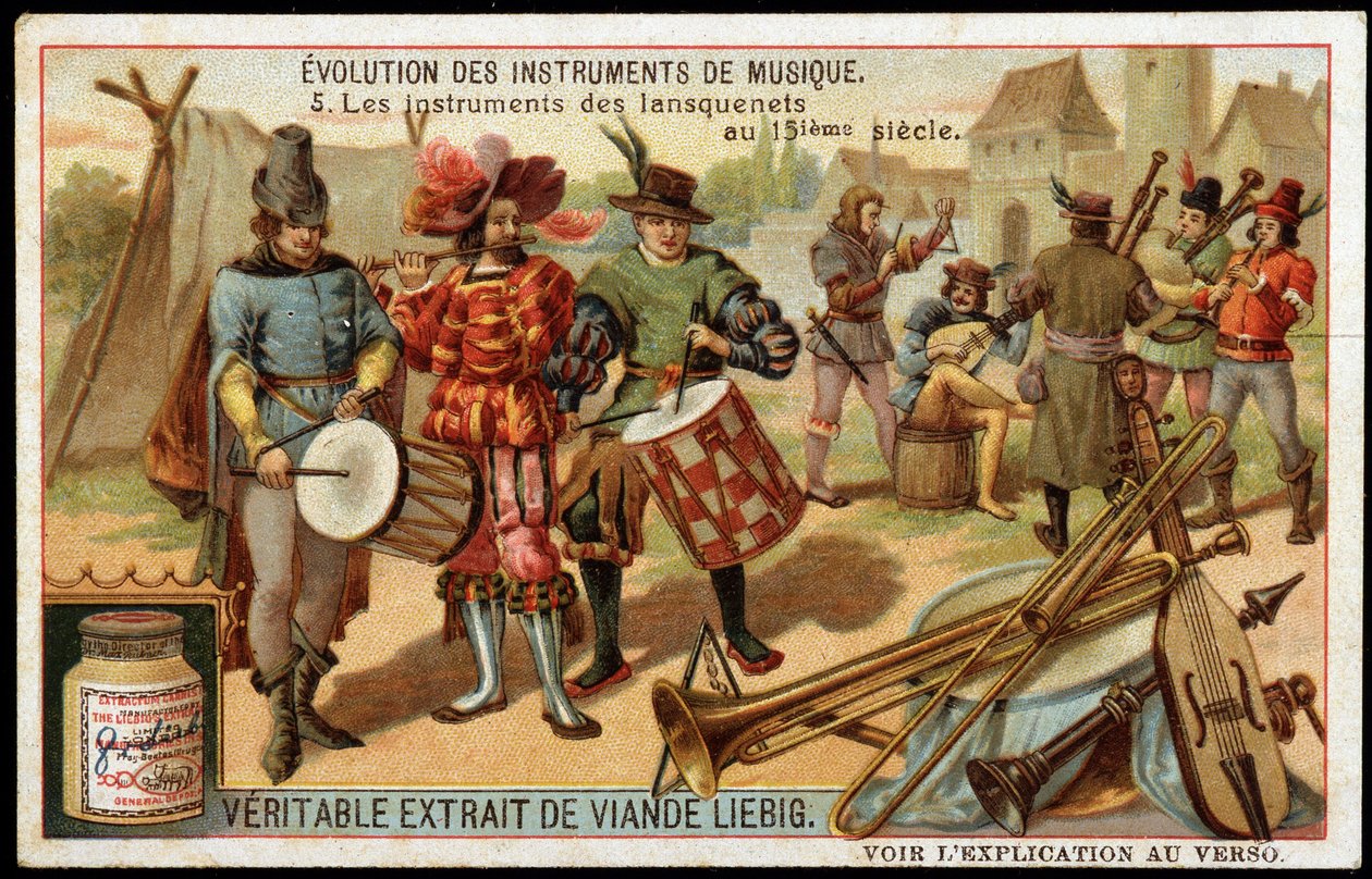 Evolution of Musical Instruments: The Instruments of the Lansquenets in the 15th Century. Military Drum, Flute, Triangle, Trumpet, a Kind of Bagpipe and Other String Instruments. Late 19th Century Liebig Chromolithography. by French School