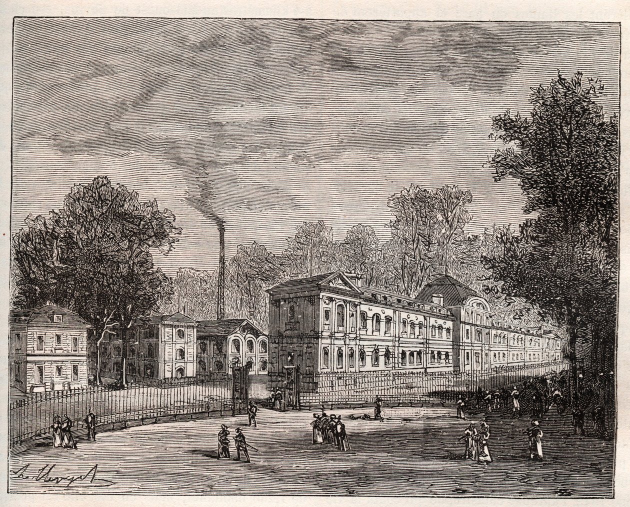 Exterior view of the Imperiale Porcelain Factory of Sevres, built in the park of Saint Cloud following the plans of the architect Laudin - engraving in France illustree: geography, history, statistical administration by V.-A. Malt-Brown. 1884 by French School